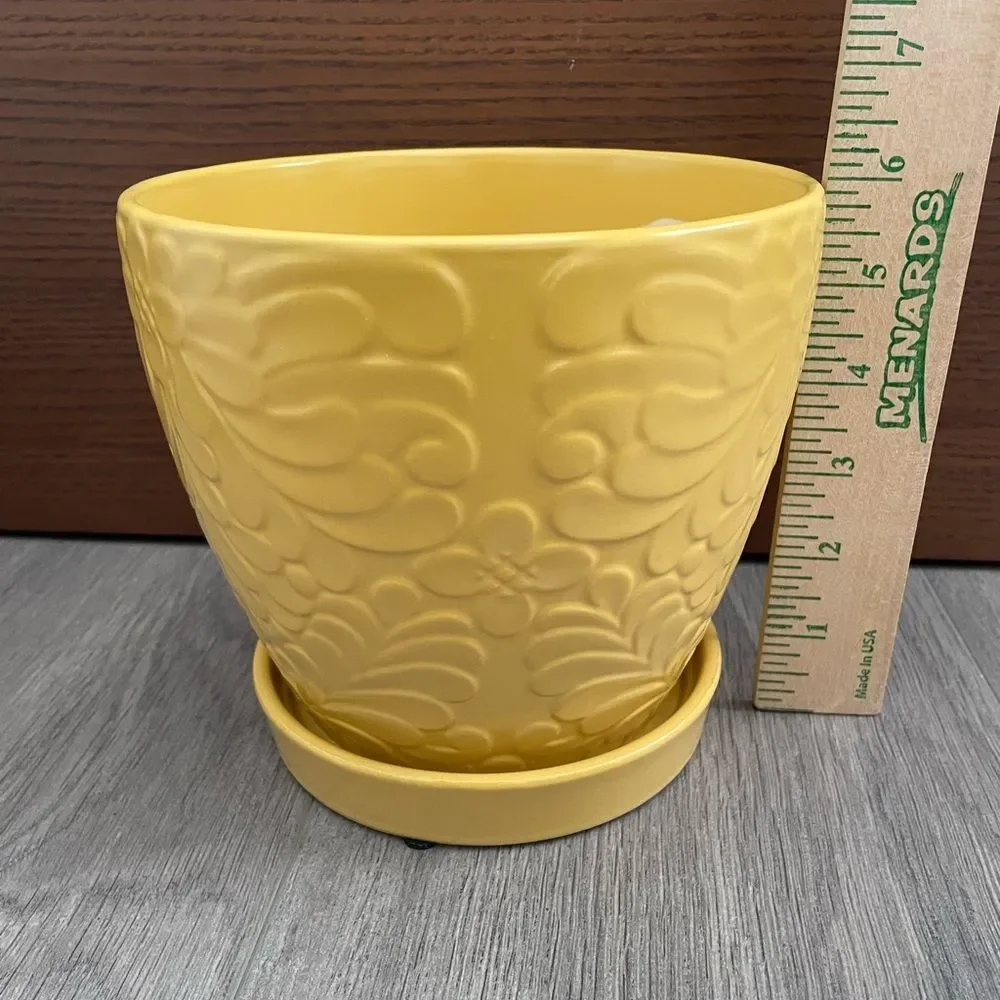 Multi Floral Yellow Ceramic Planter Pot with Saucer Attached
